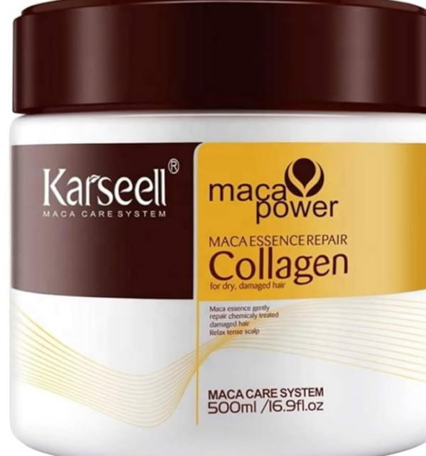 Karseell MACA CARE SYSTEM - Collagen Mascarilla Pelo - Reparación Profunda - Hidratación Intensa - Cabello Seco y Dañado - Colágeno - Aceite de Argán - Esencia de Maca - Todo tipo de Cabello - 500 ml.