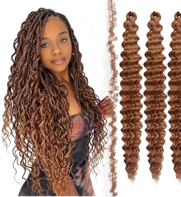 FESHFEN Ocean Wave Crochet Extension - Pelo Crochet Rizado Natural Deep Wavy 55 cm - 3 Piezas de Cabello Caoba Sintético para Trenzas Postizas